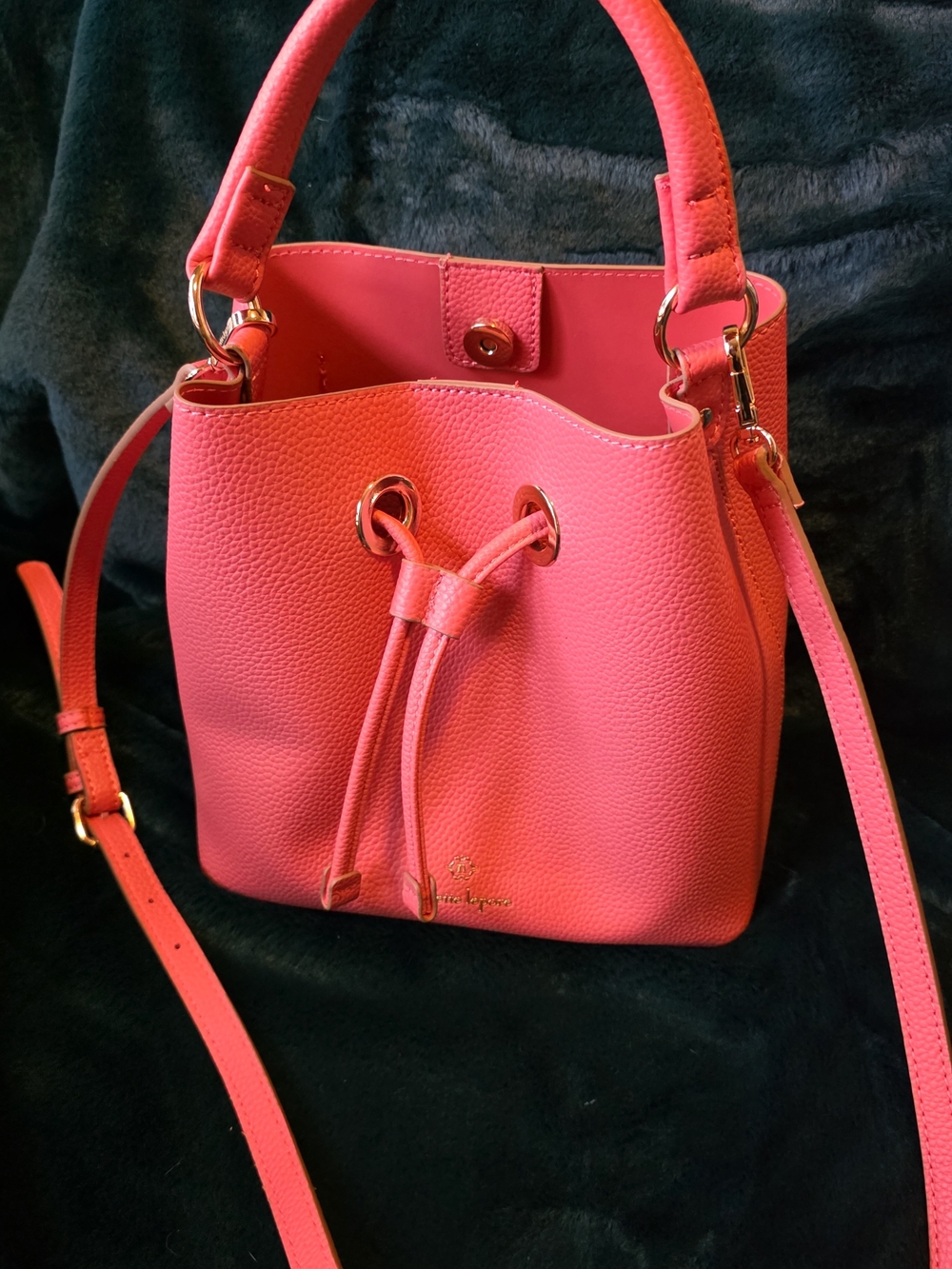 Pink/coral Bucket Shoulder Bag with Drawstring.